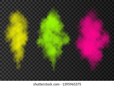 Yellow, green, pink  smoke burst  isolated on transparent background.  Color steam explosion special effect.  Realistic  vector  column of  fire fog or mist texture .