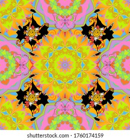 Amarillo, verde, rosa. Vector Mandala con elementos dibujados a mano y flores en árabe, indio, turco, pakistán, motivos otomanos. Imagen para libros, tatuajes, platos decorativos, porcelana, cerámica, vajilla.