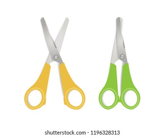 Yellow and green plastic scissors on white background. Vector illustration