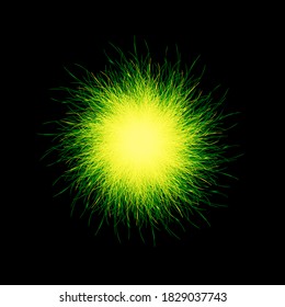 Yellow and green pompon. Fluffy pompon isolated. Fur ball. 3D vector illustration.
