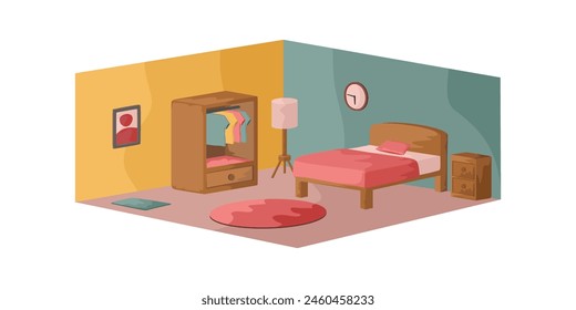 Yellow Green Red Bedroom Room Interior Design Simple Perspective 3D