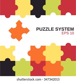 Yellow, green, red and black colored puzzle system pattern (removable pieces), parts of puzzles. Concept of vector illustration.