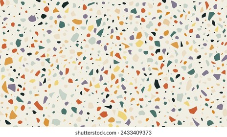 Fondo o textura de azulejos de mármol de terrazo amarillo, verde, rojo y púrpura. Fondo de encimera de cocina de cemento Terazzo, mosaico de piedra terazo o fondo de vector de piso de mármol terrazo o textura colorida