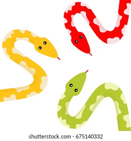 Yellow green red python snake set tongue. Golden crawling serpent with spot. Cute cartoon character. Flat design. White background. Isolated. Vector illustration