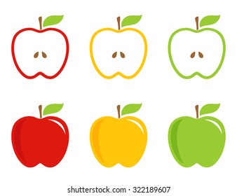 Yellow, green and red stylized apples. Apple whole and half in bright colors. Vector logotype, icon, sign.