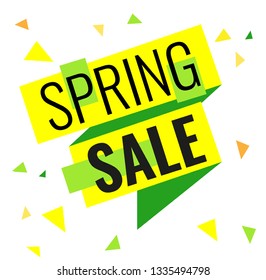 Yellow and green ribbon with text Spring Sale on white background. yellow triangle fly around. Isolated tag. Vector illustration.