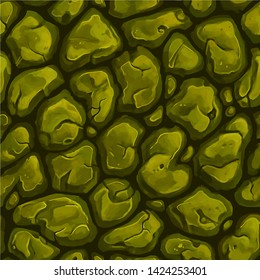 Yellow Green. River or sea bottom, coast, paving stone, sidewalk, cave wall, pile of stones, stone wall, coal with chips and cracks. Hand drawn, cartoon seamless texture \ pattern \ tile \ background.