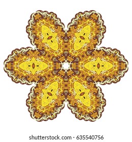 Yellow and green round lace pattern. Vector element yellow flower mandala