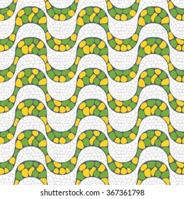 Yellow and green seamless pattern of Copacabana beach sidewalk mosaic, Rio de Janeiro, Brazil.