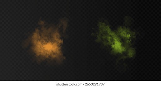 Yellow and green smoke clouds, steam with soft texture on dark background. Abstract air effect for background compositions, overlay effects and modern digital projects.