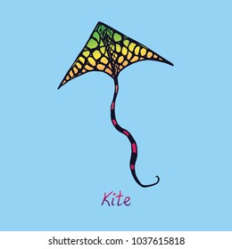 Yellow and green snake skin texture kite outline with inscription, hand drawn doodle sketch, isolated vector illustrationÂ? on blue background