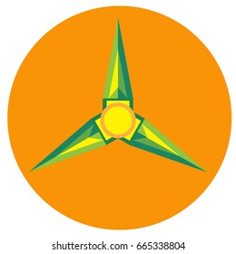 Yellow with green spinner blades with pointed triangular a flat style. Vector image on a round orange background. Element of design, interface.