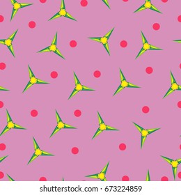 Yellow with green spinner blades with pointed triangular and red circles. Red spinner with yellow circles, three blades. Pattern on a pink background. Vector image