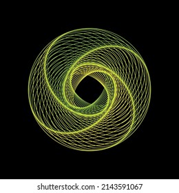 Yellow and green spirograph pattern on dark background. Spiral vortex on black backdrop. Universe objects. Isolated vector illustration on black background.