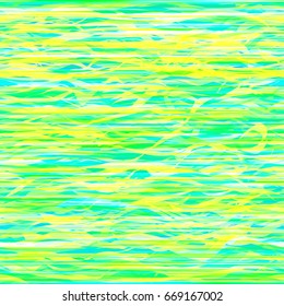 Yellow, green straight and curved lines. Uneven rough surface.  Seamless texture from fabric, wrapping, home decor. Abstract vector light background