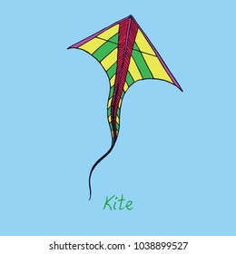 Yellow and green striped kite outline with inscription, hand drawn doodle sketch, isolated vector illustration? on blue background