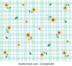 Yellow Green Sunflower Gingham Patterns Background Editable Stroke. Vector Illustration Tablecloth, Picnic mat wrap paper.	