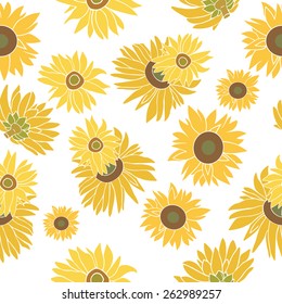 Yellow and green sunflower isolated on the white background. Seamless flower pattern