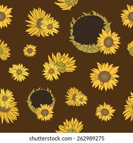 Yellow and green sunflower on the dark background. Seamless flower pattern