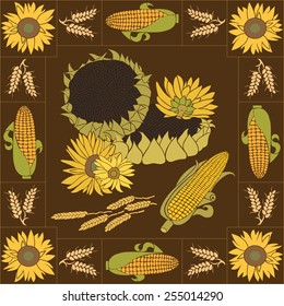 Yellow and green sunflower with orange corn on the dark background with frame