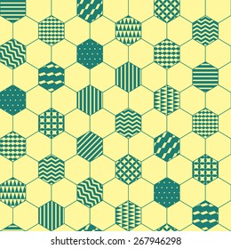 Yellow and green textured hexagon honeycomb geometric seamless pattern, vector