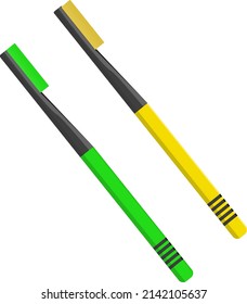 Yellow and green toothbrushes, illustration, vector on a white background.