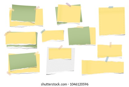 Yellow and green torn note, notebook paper pieces for text stuck with sticky tape on white background. Vector illustration.