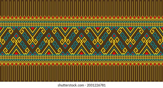 Yellow Green Tribe or Native Seamless Pattern on Brown Background in Symmetry Rhombus Geometric Bohemian Style for Clothing or Apparel,Embroidery,Fabric,Package Design