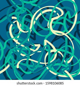 yellow, green and turquoise narrow ribbons chaotically intertwined on an azure background. seamless pattern. vector
