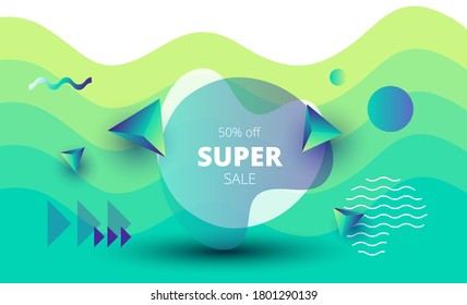 yellow green vector background with wavy lines and various geometric shapes with super sale lettering