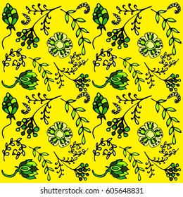 yellow green vector floral pattern in scribble style with flowers and leaves. Delicate, spring-summer floral background, wedding card, design elements
