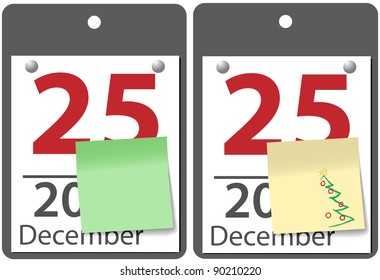 Versiones amarillas y verdes de notas pegajosas en páginas del calendario del día de Navidad del 25 de diciembre