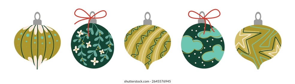 Yellow and green vintage xmas bauble ornaments with different shapes, geometric patterns, ribbons. Classic Christmas decorations. Retro holiday collection for festive cards, seasonal design projects.