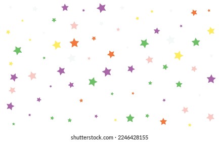 Yellow, green, violet and red stars confetti on white background. Falling decoration confetti for celebration, banners, anniversary, festive. Stylish vector illustration.