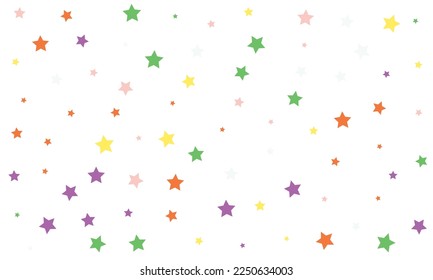 Yellow, green, violet and red stars confetti on white background. Falling decoration confetti for celebration, banners, anniversary, festive. Stylish vector illustration.