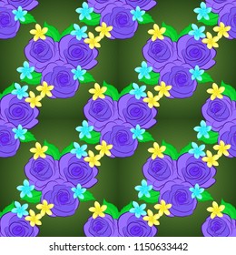 Yellow, green and violet roses with green leaves for fabric or embroidery.