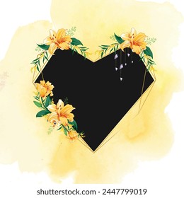 Yellow and green watercolor floral love shape frame