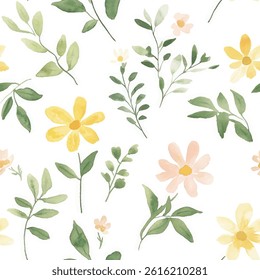 Yellow and green watercolor flowers, pastel yellow wildflowers, daisies, small leaves, watercolor flower seamless pattern. Watercolor print in rustic vintage style, textile or wallpaper.  