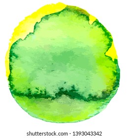 Yellow green watercolor hand painted round stain isolated on white. Illustration for artistic design. Vector illustration.