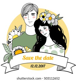 Yellow and green wedding invitation. Hand drawn vector card