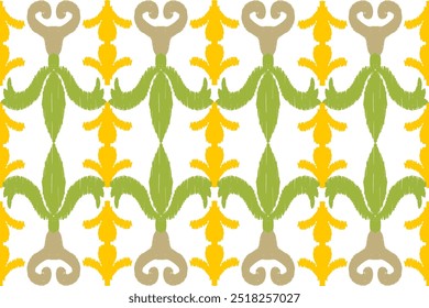 Yellow, green, white embroidery, motif ethnic ikat seamless textile illustration, print striped ornament, pattern, design for wrapping, silk, scarf, clothing, background, textile, carpets, curtains.