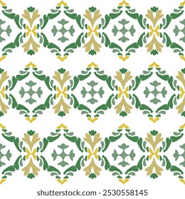 Yellow, green, white embroidery, motif ethnic ikat seamless textile illustration, print striped ornament, pattern, design for wrapping, silk, scarf, clothing, background, textile, carpets, curtains.