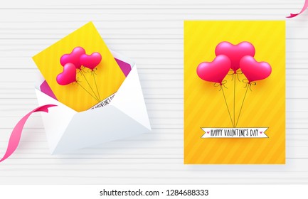 Yellow greeting card design with illustration of pink balloons for Happy Valentine's Day.