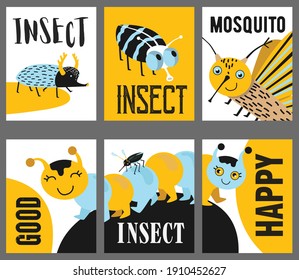 Yellow greeting card designs with childish insects. Creative postcards with May beetle, mosquito, caterpillar and chinch. Bugs and fauna concept. Template for promotional postcard or brochure