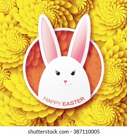 Yellow Greeting card with Happy Easter - with white Easter rabbit. Spring Funny Bunny. Easter Bunny. Easter Egg. Vector design illustration