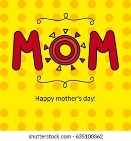 Yellow greeting card happy mothers day with hand drawn sun. Vector illustration
