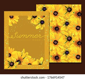 Yellow greeting card with sunflowers. Sunflowers seamless editable vector pattern.