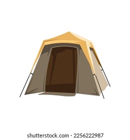 Yellow and grey camping tent vector illustration. Cartoon drawing of camper tent, travel home isolated on white background. Camping, traveling, tourism concept