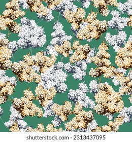 yellow and grey seamless vector small flowers leaves bunches pattern on green background