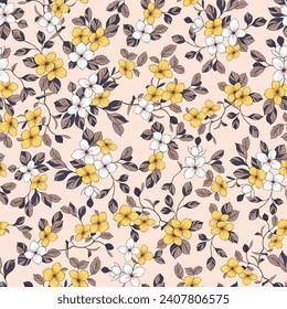 yellow and grey seamless vector stock small flowers with brown leaves pattern on pink background